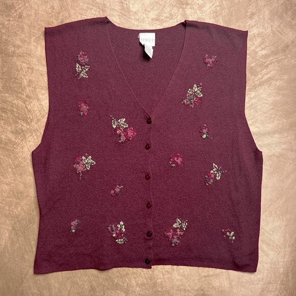 Vintage 90s Koret Floral Embroidered Vest Sleeveless Maroon V Neck Knit Cottage - Picture 1 of 6